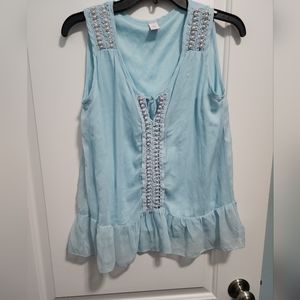 JW Baby Blue Sheer Top lined beaded accent on shoulders